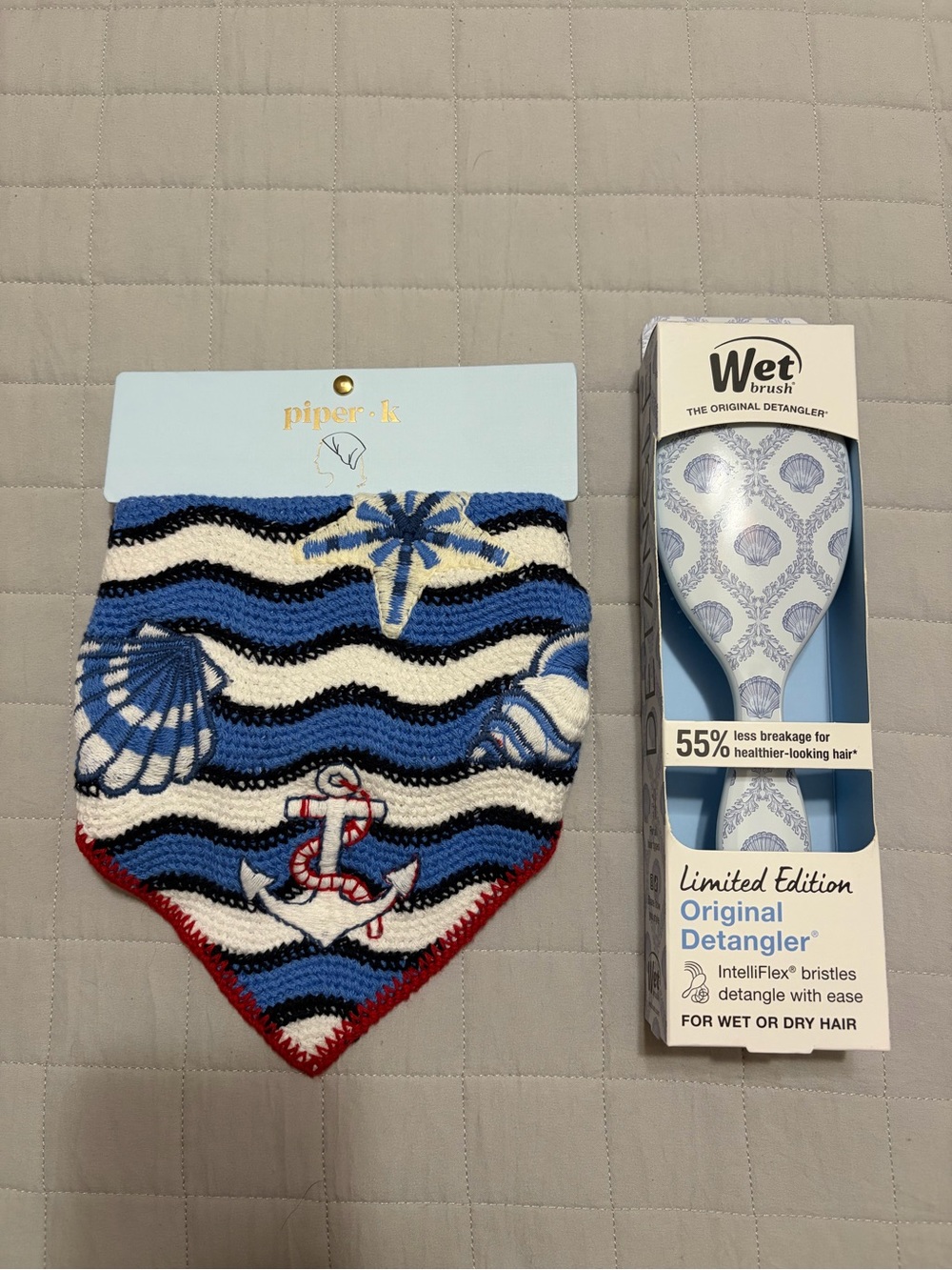 2 pc Set - Piper K Blue & White Nautical Knit Bandana Bib and Wet Brush